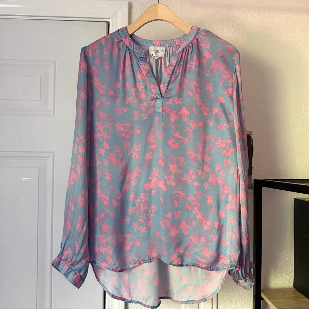 PRIMROSE PARK LONDON pink blue‎ watercolor floral popover long sleeve blouse